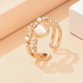 Bague avec cœur en œil de chat rose, perles blanches et cristaux sur anneau doré - Ouvert Réglable / Or