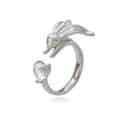 Bague lapin argentée ajustable avec un petit lapin et une pierre en forme de cœur - Ouvert Réglable / Argent