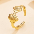 Bague ajustable en acier inoxydable doré avec motif double coquillage pour femme - Or (J03568)