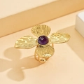 Bague fleur dorée ajustable avec pierre violette centrale et pétales gravés - Or-Style Améthyste (J03282)