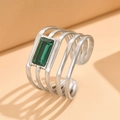 Adjustable silver finish geometric ring with green emerald cut crystal centerpiece - Silver Polished-Green Stone