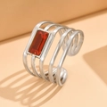 Adjustable silver hollow band ring featuring a rectangle red crystal center stone - Silver Matte-Red Stone