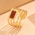 Adjustable gold plated stainless steel ring featuring red crystal and four-layer hollow band - Gold Plated-Red Stone