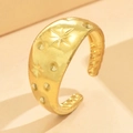 French vintage star pattern wide gold plated stainless steel open ring with diamond accent - Gold Without Diamond