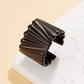 Exaggerated wide black stainless steel open ring with vertical pleated wave design - Wavy Texture Style (J03817 Black)