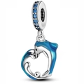 Blue enamel dolphin heart charm in 925 silver with sparkling blue zircon inlay - Silver Blue