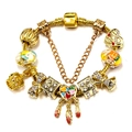 Gold charm bracelet with crown pendants, floral glass beads and safe snake chain - 16cm / Gold Theme Crown Feather Style (Z*01款)