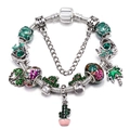 Detail view of silver bracelet with green cactus, palm tree, and dragonfly charms - 16cm / Green Cactus Palm Tree Style (Z*04)