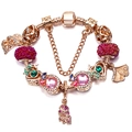 Rose gold charm bracelet with pink crystal, emerald-colored flower basket and feather charms - 16cm / Rose Gold Flower Basket Feather Style (Z*01)