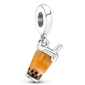 Silver bead charm featuring a brown bubble tea cup design for DIY jewelry bracelets - Bubble Milk Tea Style (4)