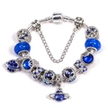 Blue star and planet charm bracelet with galaxy glass beads on a silver snake chain - 16cm / Blue Starry Night Style (001)
