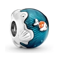 Marine style bead with blue enamel waves, silver shell and orange fish charm for bracelet - Blue Ripple Shell Fish Bead (027)
