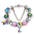 Silver plated beaded charm bracelet with colorful enamel rainbow and butterfly charms - 16cm / Rainbow Butterfly Windmill Theme (Style 003)