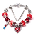 Bracciale a catena snake argento con perline rosse e ciondoli a cuore e rossetto - Stile Cuore Rosso (006)
