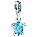 Blue sea turtle charm pendant with translucent shell and cubic zirconia in silver metal - Blue Glass Textured Sea Turtle Style (032)