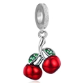 Zilveren kersenhanger met rood emaille en groene zirkoon bladeren voor bedelarmbanden - Ingelegde Kers Vorm (011)