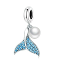 Silver whale tail charm with sky blue crystals and white pearl for DIY bracelets - Sky Blue Pave Fishtail Pearl Charm (035)