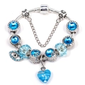 Silver snake chain bracelet with blue crystal beads and heart-shaped pendant charms - Ocean Blue Heart Theme (Style 005)