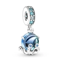 Octopus charm in blue glass and silver finish with crystal accents for charm bracelets - Dark Light Blue Glass Octopus Pendant (038)