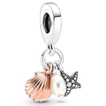 Silver charm pendant with rose gold shell, sea star, and white pearl beach motif - Ocean Theme Combined Pendant (#25)