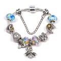 Silver charm bracelet featuring colorful floral glass beads and bee pendant - Bee Heart Love Theme (Style 009)