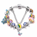 Silver snake chain bracelet with colorful butterfly charms and blue crystal beads - Rainbow Butterfly Blue Theme (Style 010)