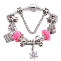 Silver snake chain bracelet with pink crystal beads and heart-shaped pendants - Pink Flower Boy Girl Theme (Style 013)