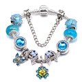 Silver snake chain bracelet featuring sky blue glass beads and enamel butterfly charms - Blue Butterfly Clover Theme (Style 014)
