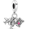 Silver travel charm with airplane, globe, and pink suitcase for DIY bracelets - Color 002