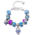 Silver snake chain charm bracelet with blue and purple beads and animal pendants - 16cm / Chameleon & Butterfly (Z*03)