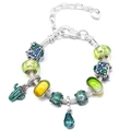 Silver snake chain bracelet with green glass beads and cactus enamel charm pendant - 16cm / Cactus & Green (Z*04)