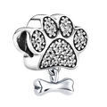 Silver paw print charm with sparkling crystals and hanging bone pendant for DIY bracelets - Paw and Bone Style (001)