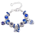 Bracciale con ciondoli argento regolabile con perline blu stellate e pendente pianeta - Tema Saturno Cielo Stellato Blu (Z*09)