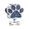 Silver blue crystal paw print charm with bone pendant for DIY charm bracelets - Dark Blue Paw and Bone Style (002)