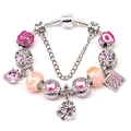 Silver snake chain bracelet with pink enamel roses, heart charms, and S925 charms - 16cm / Pink Rose and Tree of Life Style (Style Z*03)