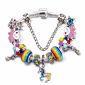 Rainbow unicorn charm bracelet with colorful enamel beads and LOVE heart charms - 16cm / Unicorn Star Style (Z*02)