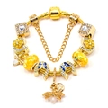 Pulsera de cadena de serpiente dorada con cuentas de cristal amarillo, herradura y abeja - 16cm / Estilo Abeja Mariposa Floral Dorado (003款)