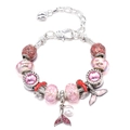 Bracciale rosa con ciondoli a cuore, coda di sirena e perla in finitura argento - Tema Perla Artificiale Coda di Pesce Rosa (Z*05)