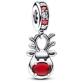 Silver reindeer charm pendant with red gemstone nose and sparkling crystals for DIY bracelets - Red-Nosed Reindeer (005)