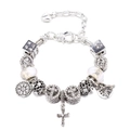 Silver lobster clasp charm bracelet with sparkling cross and pearl beads for women - 16cm / Retro Religious Bagua Theme (Z*04)