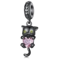 Charm chat noir mignon avec zircon cœur rose pour bracelets et colliers DIY - Chat Noir Tenant un Cœur Rose (013)