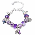 Adjustable silver and purple beaded charm bracelet featuring bird and heart pendants - 16cm / Bohemian Purple Theme (Z*02)