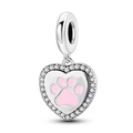 Silberner Herzanhänger mit rosa Pfotenabdruck und Zirkonia-Verzierungen für Armband - Rosa Pfotenabdruck-Herz-Stil (Z-005)