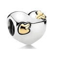 Two-tone heart charm bead with golden wings design in S925 sterling silver style - Gold Wings Heart (015)