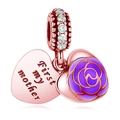 Roségold Herz-Charm mit lila Emaille-Rose und 'First my mother' Gravur für Damen - Lila Rosenherz (041)