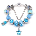Marine themed beaded bracelet with blue glass charms, sea turtle and dolphin pendants - 16cm / Sea Life Style (Z*04)