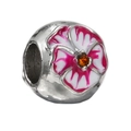 Abalorio de plata con flores de esmalte rosa y blanco y gema central naranja - Estilo Flor Esmalte Rosa Blanco (011)