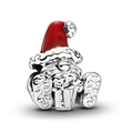 Silver Santa charm bead with red enamel hat and engraved nameplate for DIY bracelets - Santa Claus Pendant (018)