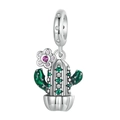Silberner Kaktus-Charm mit grüner Emaille und rosa Blume für DIY-Armbänder - Blumenkaktus (026)