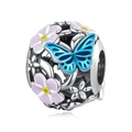 Pendentif papillon style Pandora avec émail bleu et perles florales étincelantes - Style Floral Papillon Bleu Noir (001)